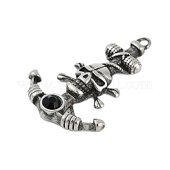 304ステンレスペンダント  ラインストーン付き  スカルチャーム付きアンカー  アンティークシルバー  36.5x25.5x4.5mm  穴：2mm&nbsp;STAS-F310-06AS