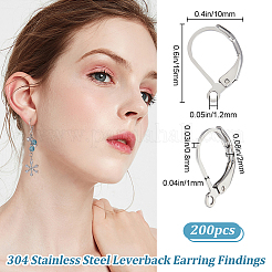 304ステンレススチールフレンチフックピアス金具200個  カン付き  ステンレス鋼色  15x10x2mm  穴：1.2mm  ピン：1x0.8mm&nbsp;STAS-BBC0003-75