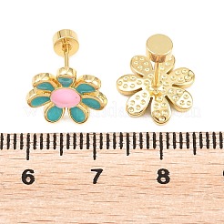 バレンタインデー用真鍮製スタッドピアス  エナメル  花  ゴールドカラー  12x12mm&nbsp;EJEW-D359-01G