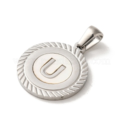 304ステンレスペンダント  文字入りのフラットラウンドい貝殻チャーム  ステンレス鋼色  U字  20.5x17.5x1.5mm  穴：2.5x4.5mm&nbsp;STAS-I204-U-P
