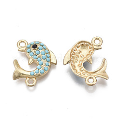 合金コネクター  樹脂ラインストーン付き  魚  ブラック＆ライトスカイブルー  ライトゴールド  16x20x4mm  穴：1.6mm&nbsp;LS-PALLOY-R132-01