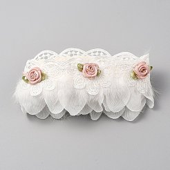 フェイクフェザー付きポリエステルフラワーレースリボン  ホワイト  2インチ（50mm）&nbsp;SRIB-WH0011-245