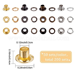 200セット4色の鉄製グロメットアイレット金具  ワッシャー付き  バッグ修理交換パック用  ミックスカラー  0.6x0.4cm  内径：0.3のCM  50セット/カラー&nbsp;SCRA-GF0001-02