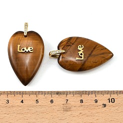 天然石タイガーアイペンダント  ハート型のチャーム、304ステンレススチール製の「LOVE」の文字、真鍮製のマイクロパヴェクリアキュービックジルコニア留め具  ゴールドカラー  38x25x10mm  穴：6.5x7mm&nbsp;G-G470-03G-13