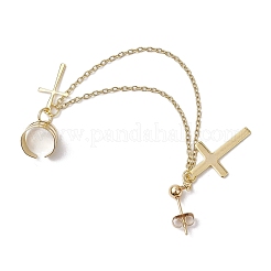合金クロススタッドピアス  304ステンレススチールアズキチェーン付き女性用カフイヤリング  ゴールドカラー  89.5mm&nbsp;EJEW-JE06242-02