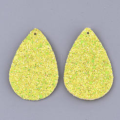 PUレザービッグペンダント  キラキラスパンコール/ペイレット付き  ティアドロップ  きいろ  57.5x37x2.5mm  穴：1.8mm&nbsp;FIND-S300-48H