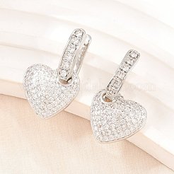 真鍮製マイクロパヴェクリアキュービックジルコニアフープピアス  ハート  鉛フリー＆カドミウムフリー  長持ちメッキ  ラックめっき  プラチナ  28.5x17mm&nbsp;EJEW-G471-30D-P
