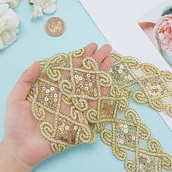 エスニック風刺繍ポリコットンリボン  ガーゼとスパンコール付き  ジャカードリボン  チロリアンリボン  服飾材料  菱形模様  ゴールド  2-1/2インチ（62mm）&nbsp;OCOR-WH0066-34B