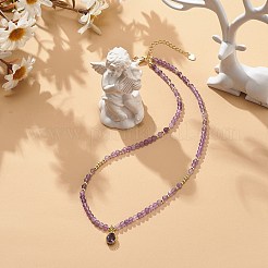 天然アメジスト ビーズ チェーン付きキュービック ジルコニア ティアドロップ ペンダント ネックレス  女性のためのアクセサリー用原石のアクセサリー  インディゴ  16.06インチ（40.8cm）&nbsp;NJEW-JN04121-02