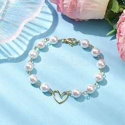 8mm ラウンドシェルパールと真鍮のハートリンクブレスレット (女性用)  ゴールドカラー  7-1/2インチ（19.2cm）&nbsp;BJEW-JB10424