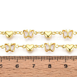真鍮のガラスリンクチェーン  ハートを持つ蝶  ハンダ付け  スプールで  ゴールドカラー  透明  12x6x2mm  約32.81フィート（10m）/ロール&nbsp;CHC-T018-15C-G