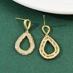 真鍮マイクロペーブクリアキュービックジルコニアダングルスタッドピアス  ティアドロップ  18KGP本金メッキ  29.5x15mm&nbsp;EJEW-K312-07G