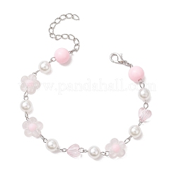 女性用アクリルビーズリンクブレスレット  フラワー＆ハート＆ラウンド  プラチナ  7-7/8インチ（20cm）&nbsp;BJEW-JB11464