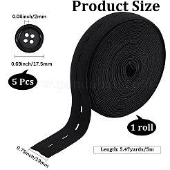 ボタンホール付き5mの平ゴム紐/バンド  5穴フラットラウンド樹脂ボタン4個付き  ブラック  19mm&nbsp;DIY-CY0002-13B