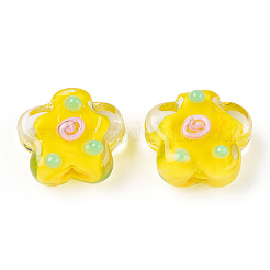 手作りのでこぼこランプワークビーズ  スモモの花  きいろ  13.5~14.5x15x8~10mm  穴：1.5~1.8mm&nbsp;LAMP-N024-04I
