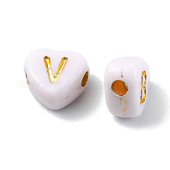 不透明なアクリルビーズ  水平穴  ライン入り  混合黄金文字の心  ホワイト  7x3.5mm  穴：1.2mm&nbsp;PACR-YW0001-14