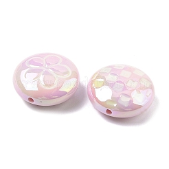 UVメッキアクリルビーズ2個。  虹色の  花付きフラットラウンド  エナメル  ピンク  24.5x10.5~11mm  穴：2.2mm&nbsp;FIND-C067-03B