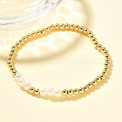 女性用真鍮ビーズストレッチブレスレット  absプラスチックパール  18KGP本金メッキ  内径：2-1/8インチ（5.4cm）&nbsp;BJEW-U018-01G