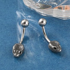 スネークヘッド 316 サージカルステンレス キュービックジルコニア へそリング  へそピアス  女性用カーブバーベルボディジュエリー  アンティークシルバー  ブラック  25.5x7mm&nbsp;EJEW-G416-16AS-02
