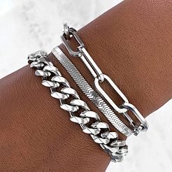 3個3スタイル304ステンレススチールチェーンブレスレットセット  ペーパークリップ、スネーク、キューバンチェーンブレスレット（女性・男性用）  ステンレス鋼色  6-7/8~7-1/2インチ（17.5~19cm）  3個/セット&nbsp;BJEW-F505-01P