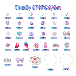 DIYのかわいい漫画のヘアバンドのブレスレット作成キット  マーメイド＆ウィング＆レインボーレジンペンダントを含む  キャンディー & ちょう結び & スター アクリル & プラスチック パール & ガラス シード ビーズ  鉄のヘアバンドパーツ  パープル  876個/セット&nbsp;DIY-TA0003-88