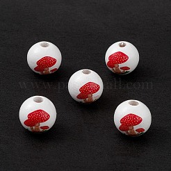 印刷された天然木のヨーロッパのビーズ  大穴ビーズ  マッシュルーム模様のラウンド  レッド  15.5mm  穴：4mm&nbsp;X-WOOD-C015-05
