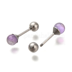 201 ステンレス製耳栓ゲージ  天然アメジストと304ステンレススチールのピン付き  ラウンド  15x4mm&nbsp;EJEW-C118-08P-09