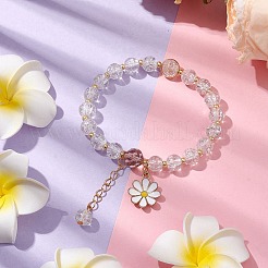 8mm ラウンドスプレー塗装クラックルガラスビーズストレッチブレスレット  女性用模造オーストリアクリスタル＆合金エナメルフラワーチャームブレスレット  透明  内径：2-1/2インチ（6.4cm）&nbsp;BJEW-JB10534-01