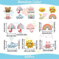 60 個の不透明な樹脂カボション  DIYアクセサリー  封筒 & 雲 & 太陽 & 月 & クマ & 傘 & 虹  混合図形  ミックスカラー  13~22x19~25x4~8mm&nbsp;RESI-SC0002-54