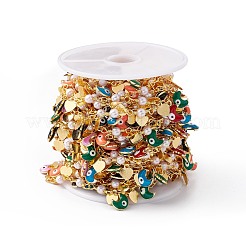 手作りの環境に優しい真鍮エナメルムーンとナザールボンジュウとハートのチャームチェーン  プラスチック製の模造パールビーズ付き  鉛フリー＆カドミウムフリー  ハンダ付け  スプールで  18KGP本金メッキ  4x2.5x0.5mm  12x4mm&nbsp;CHC-E025-25G-1