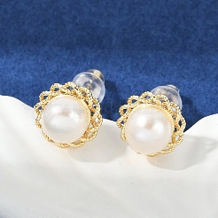 真鍮の模造真珠のスタッドピアス  花  14KGP本金メッキ  9.5mm&nbsp;KK-D301-05G