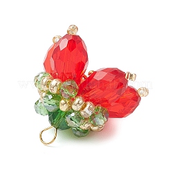 クリアガラスペンダント  花のチャーム  ガラスパールビーズと真鍮のループ付き  多面カット  レッド  20x23x22mm  穴：2x3mm&nbsp;PALLOY-MZ00720-01