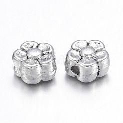 チベット風合金ビーズ  鉛フリー＆ニッケルフリー＆カドミウムフリー  花  母の日のプレゼント作りに最適  アンティークシルバー  約5mm長  5 mm幅  厚さ3mm  穴：1mm&nbsp;X-LF0071Y-NF