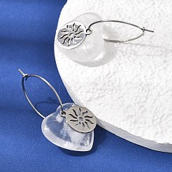天然石と合成石、そして304ステンレススチールを使用した女性用フープピアス  太陽模様とハートが描かれたフラットラウンドい形  ステンレス鋼色  35x20mm&nbsp;EJEW-G475-01P