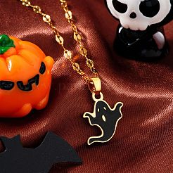 ハロウィン 304ステンレススチール エナメルペンダントネックレス  ユニセックスの金メッキダップチェーン付き  ゴースト  ブラック  15.75インチ（40cm）&nbsp;VV4632