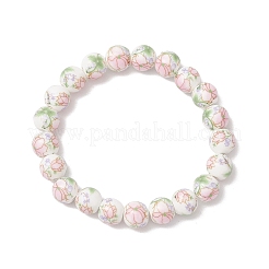 ハンドメイドの花柄プリントの磁器セラミックラウンドビーズストレッチブレスレット（女性用）  ミスティローズ  内径：2-1/4インチ（5.6cm）&nbsp;BJEW-JB12091-02