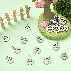 304ステンレススチールペンダント10個  犬の足のプリントとフラットラウンド  ステンレス鋼色  14x12x1.1mm  穴：4mm&nbsp;STAS-YW0002-72
