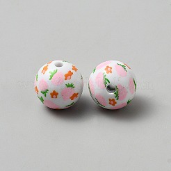 プリントウッドビーズ  花模様の丸  ホワイト  16x15mm  穴：3mm&nbsp;WOOD-TAC0019-13