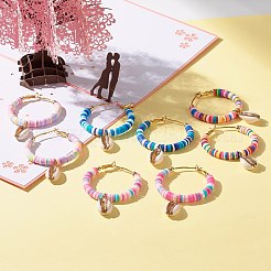 カウリーシェルダングルハギーフープピアス付きビッグリング  女性のための手作りのポリマークレイ平石ビーズリングフープピアス  ミックスカラー  52x50x6mm  ピン：0.7mm&nbsp;EJEW-JE04732