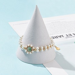 ガラス＆シェルパールビーズブレスレット  女性のための可憐な編組ビーズ ブレスレット  薄緑  7-1/2インチ（19cm）&nbsp;BJEW-TA00180-01
