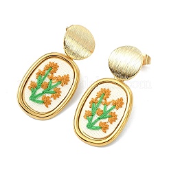 304ステンレススチールと布刺繍のスタッドピアス  花柄とオーバル  真鍮製耳スタッドパーツ付き  ゴールドカラー  37x18.5mm&nbsp;EJEW-JE07298-03