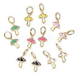 真鍮マイクロペーブキュービックジルコニアハギーフープピアス  エナメル  ニッケルフリー  キノコ  16KGP本金メッキ  ミックスカラー  30x12mm  ピン：1mm&nbsp;EJEW-T014-32G-NF