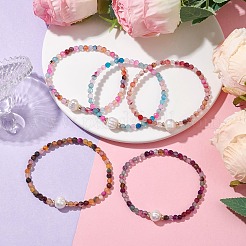 8mmファセットラウンド天然瑪瑙（染色＆加熱）ビーズストレッチブレスレット  女性用天然養殖淡水真珠ブレスレット  ミックスカラー  内径：2-1/8インチ（5.5cm）&nbsp;BJEW-JB10479