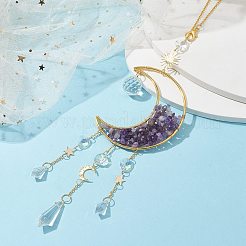 ワイヤーラップ天然アメジストチップと真鍮のムーンペンダント装飾  グラスコーンチャーム付き  家の装飾用  420mm&nbsp;HJEW-JM01504-02