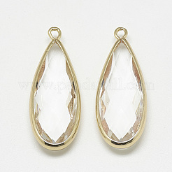 ガラスチャーム  ゴールデントーン真鍮パーツ  多面カット  ティアドロップ  透明  36.5x14x6mm  穴：1.5mm&nbsp;GLAA-Q068-01