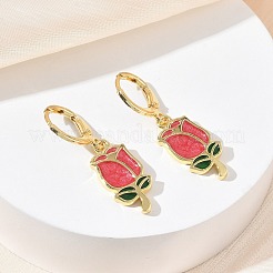 バレンタインデー向け真鍮エナメルフープピアス（女性用）  花バラ  ゴールドカラー  33x9.5mm&nbsp;EJEW-G464-01G-02