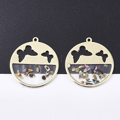 エポキシ樹脂ペンダント  シェルと合金のパーツ  蝶とフラットラウンド  ゴールドカラー  カラフル  31x28x1.5mm  穴：1.6mm&nbsp;RESI-S365-77