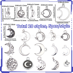 100pcs20スタイルチベットスタイルアロイペンダント  ムーンチャーム  アンティークシルバー  11.5~27x7.5~21x1.5~3mm  穴：1.5~3mm  5個/スタイル&nbsp;FIND-BM0001-17