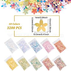 10色のプラスチック製スパンコールビーズ  スパンコールビーズ  花  ミックスカラー  10x10.5x0.5mm  穴：1mm  約3200個/セット&nbsp;FIND-OC0001-82