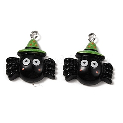 不透明樹脂ペンダント  ハロウィンチャーム  プラチナトーンの鉄ループ付き  ブラック  クモ柄  23x20.5x6mm  穴：1.8mm&nbsp;RESI-CJC0012-19A